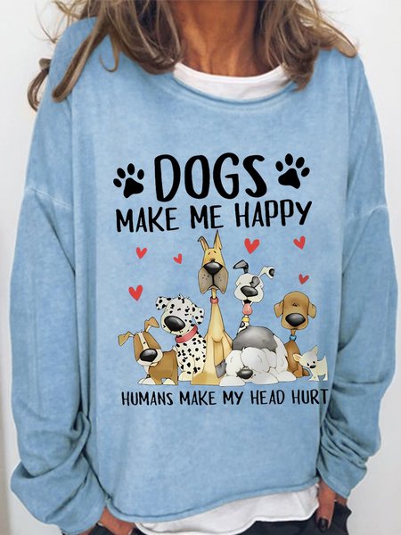 Women's Funny Word Dog Make Me Happy Crew Neck Simple Sweatshirt, Hoodies&Sweatshirts, Lilicloth.com