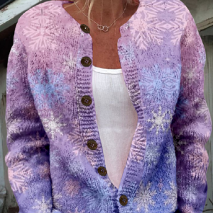 Snowflake Crew Neck Vintage Loose Cardigan, Cardigans, Lilicloth.com