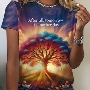 Plant Pattern Print Short Sleeve Crew Neck T-shirt, T-shirts, Lilicloth.com