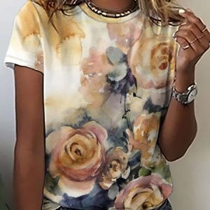 Women's Flower Art Print Casual T-Shirt, T-shirts, Lilicloth.com
