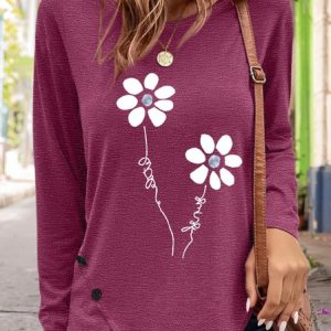 Women's Floral Simple Crew Neck Cotton-Blend Long Sleeve Top, Long sleeves, Lilicloth.com