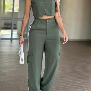2 Pieces Outfits V-Neck Button Front Tank and Caual Colorblock Striped Print Pocket Design Pants Set, women Two-piece Sets, ChicMe catalog