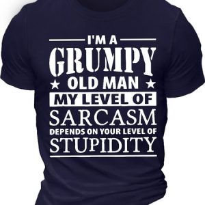Men's I Am A  Grumpy Old Man My Level Of Sarcasm Depends On Your Level Of Stupidity Funny Graphic Print Crew Neck Text Letters Cotton Casual T-Shirt, T-shirts, Lilicloth.com