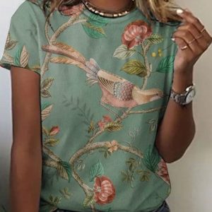 Casual Floral Art Print Crew Neck Short Sleeve T-shirt, T-shirts, color:Green|size:4XL, catalog Noracora shop