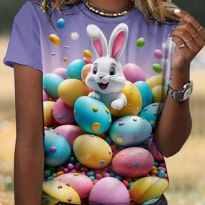 Casual Easter Eggs Rabbit Animal Crew Neck Short Sleeve T-shirt, T-shirts, color:Light Purple|size:4XL, catalog Noracora shop
