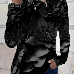 Women's Long Sleeve Tee T-shirt Spring/Fall Floral Printing Crew Neck Casual Graphic Tee Top, JustFashionNow T-Shirts, color:Black|size:XXL