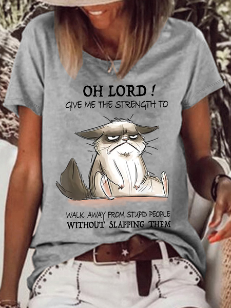 Women's Funny Cat Oh Lord Give Me The Strength To Walk Away From Stupid People Without Slapping Them Casual T-Shirt, T-shirts, Lilicloth.com