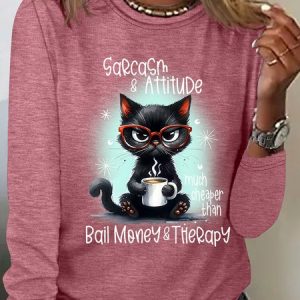 Sarcasm & Attitude Angry Cat Funny Quote Casual Long Sleeve Shirt, Long sleeves, Lilicloth.com
