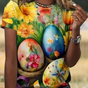 Casual Easter Eggs Floral Crew Neck Short Sleeve T-shirt, T-shirts, color:Yellow|size:4XL, catalog Noracora shop