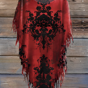 Women's Retro Floral Totem Print Punk Hippie Batwing Tussle Fringes T-Shirt, T-shirts, Lilicloth.com