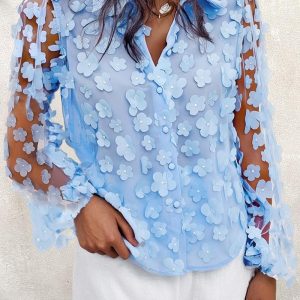 3D Floral Pattern Sheer Mesh Lantern Sleeve Blouse Top, women Blouses & Shirts, ChicMe catalog