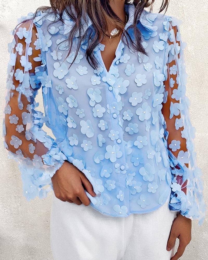 3D Floral Pattern Sheer Mesh Lantern Sleeve Blouse Top, women Blouses & Shirts, ChicMe catalog