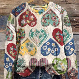 Women's Love Flower Valentine's Day Casual Print Long Sleeve Round Neck Sweatshirt, Hoodies&Sweatshirts, Lilicloth.com