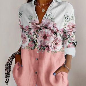 Shirt Collar Long Sleeve Floral Regular Micro-Elasticity Regular Fit Shirt For Women, Shirts, color:Pink|size:4XL, catalog Noracora shop
