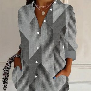 Women's Long Sleeve Shirt Spring/Fall Geometric Shirt Collar Daily Going Out Casual Top, JustFashionNow Shirts, color:Gray|size:XXL,