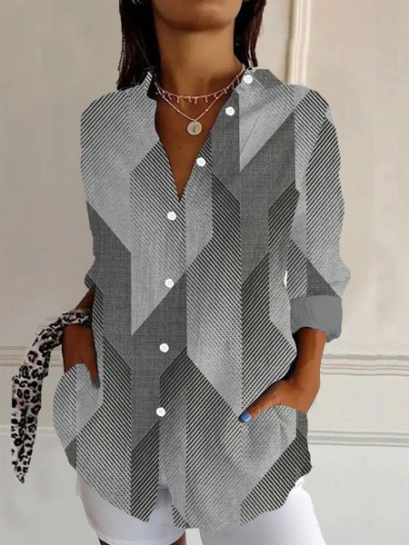Women's Long Sleeve Shirt Spring/Fall Geometric Shirt Collar Daily Going Out Casual Top, JustFashionNow Shirts, color:Gray|size:XXL,