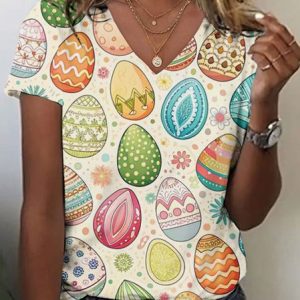 Vintage Easter Egg V Neck Short Sleeve T-shirt, T-shirts, color:Apricot|size:4XL, catalog Noracora shop