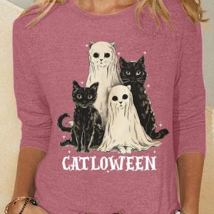 Catloween Funny Halloween Casual Long Sleeve Shirt, Long sleeves, Lilicloth.com