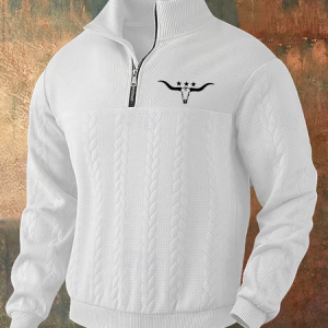 Men's Jacquard Cow Head Print Stand Collar Sweatshirt, Hoodies&Sweatshirts, Lilicloth.com