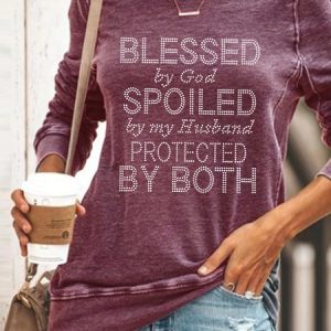 Women Blessed By God Spoiled By My Husband Text Letters Print Crew Neck Sweatshirt, Hoodies&Sweatshirts, Lilicloth.com