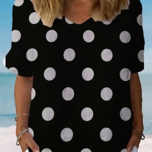 Women's Short Sleeve Blouse Summer Polka Dots Cotton Crew Neck Daily Going Out Casual Top, JustFashionNow Blouses, color:Black|size:XXL,