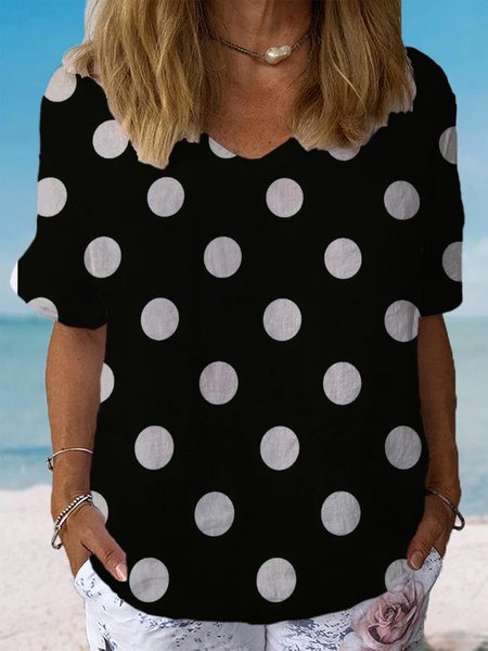 Polka Dots Print Short Sleeve V-Neck Blouses, Blouses, Lilicloth.com