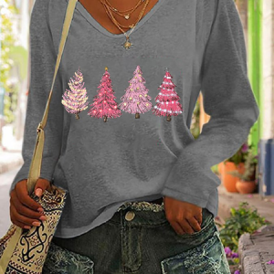 Women's Pink Holiday Tree Print V-Neck Long Sleeve T-Shirt, Long sleeves, Lilicloth.com