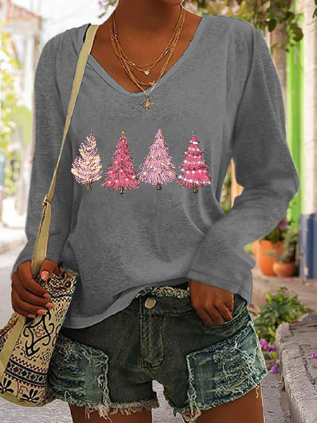 Women's Pink Holiday Tree Print V-Neck Long Sleeve T-Shirt, Long sleeves, Lilicloth.com