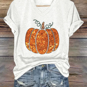 Women's Sequin Pumpkin Print Casual T-Shirt, T-shirts, Lilicloth.com