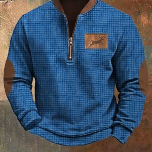Men's Zip-Up Half-Open Collar Polar Fleece Check Print Sweatshirt, Hoodies&Sweatshirts, Lilicloth.com