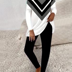 Women's Jersey Geometric Daily Going Out Two Piece Set Long Sleeve Casual Spring/Fall Top With Pants Matching Set, JustFashionNow Suit Set, color:Black|size:XXL,