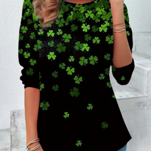 Women's Long Sleeve Tee T-shirt Spring/Fall Shamrock St Patrick's Day Floral Casual Graphic Tee Top, JustFashionNow T-Shirts, color:Black|size:XXL