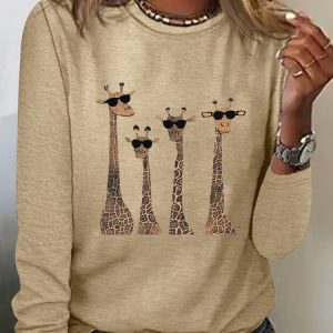 Cotton-Blend Casual Loose Deer T-Shirt, Long sleeves, Lilicloth.com