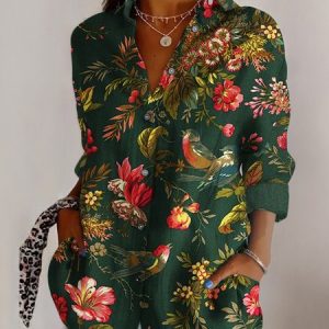Shirt Collar Long Sleeve Geometric Regular Micro-Elasticity Regular Fit Shirt For Women, Shirts, color:Green|size:5XL, catalog Noracora shop