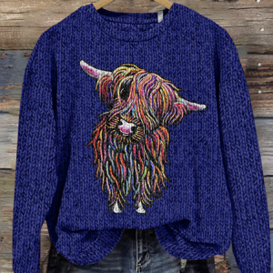 Scottish Highland Cute Calf Round Neck Sweater, Sweaters, Lilicloth.com