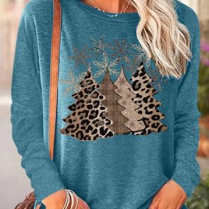 Women's Leopard Printed Christmas Tree Casual Long Sleeve Top, Long sleeves, Lilicloth.com
