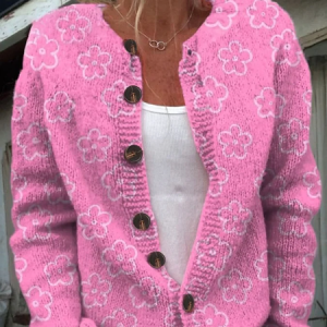 Women Knitted Floral Long Sleeve Comfy Casual Cardigan, Cardigans, color:Pink|size:5XL, catalog Noracora shop