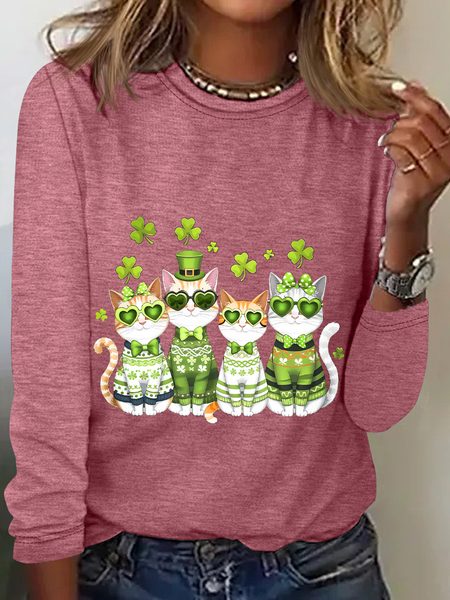 St. Patrick’S Day Cats Casual Long Sleeve Shirt, Long sleeves, Lilicloth.com