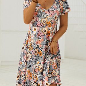 Floral Casual Regular Fit Short Sleeve Knit Dress, Short, color:flower|size:XXL, catalog Noracora shop