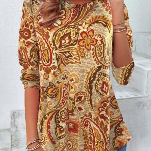 Ethnic Floral Design Round Neck T-Shirt, Long sleeves, Lilicloth.com