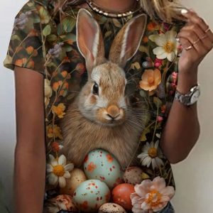 Vintage Easter Bunny Pattern Crew Neck Short Sleeve T-shirt, T-shirts, color:Black|size:4XL, catalog Noracora shop