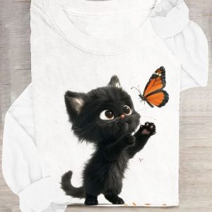 Cat & Butterfly Crew Neck Casual T-Shirt, Long sleeves, Lilicloth.com