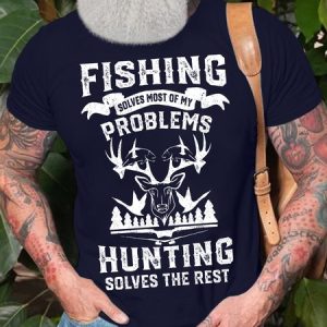 Men's Fishing Solves Most Of My Problems Hunting Solves The Rest Funny Graphic Printing Text Letters Cotton Crew Neck Casual T-Shirt, T-shirts, Lilicloth.com