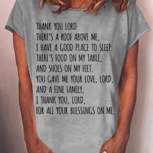 Women's Thank You Lord Christian Print Crew Neck Casual T-Shirt, T-shirts, Lilicloth.com