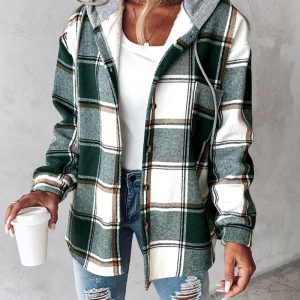 Plaid Pattern Long Sleeve Shacket Button Down Fleece Lined Hooded Jackets Warm Coat, women Jackets & Coats, ChicMe catalog