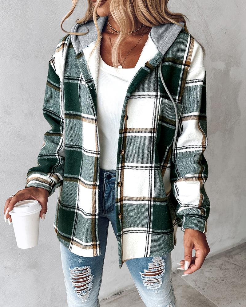 Plaid Pattern Long Sleeve Shacket Button Down Fleece Lined Hooded Jackets Warm Coat, women Jackets & Coats, ChicMe catalog
