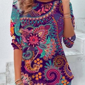 Ethnic Graphic Print Long-Sleeved Crew Neck T-shirt, Long sleeves, Lilicloth.com