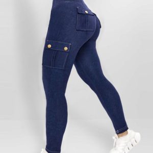 High Waist Tummy Control Butt Lifting Denim Look Leggings Stretchy Yoga Pants with Flap Pockets, women Active Pants, ChicMe catalog