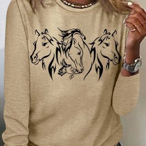 Women's Casual Horse Flowe Print Crew Neck Top, Long sleeves, Lilicloth.com