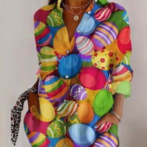 Shirt Collar Long Sleeve Easter Eggs Regular Fit Shirt For Women, Shirts, color:Multicolor|size:4XL, catalog Noracora shop